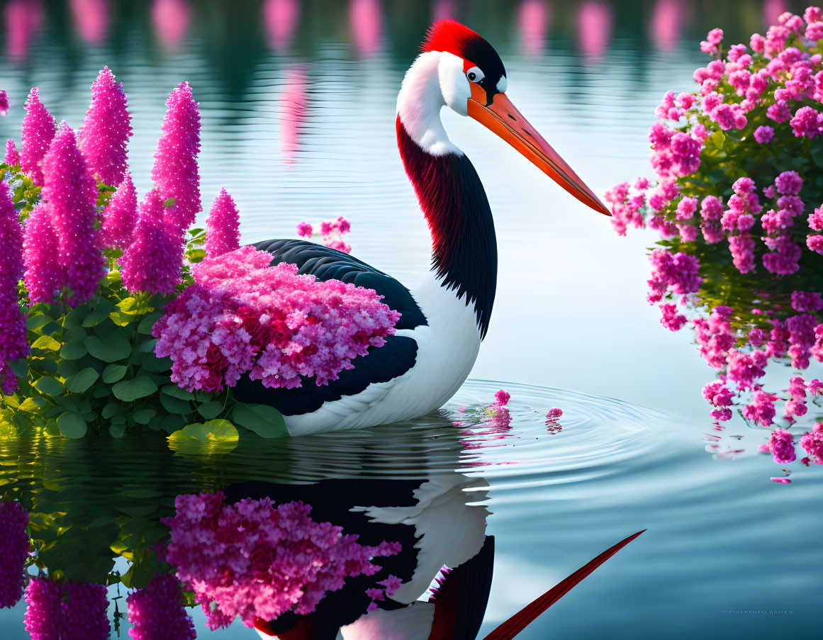 Colorful digital artwork: Stylized pelican among pink flowers by serene water