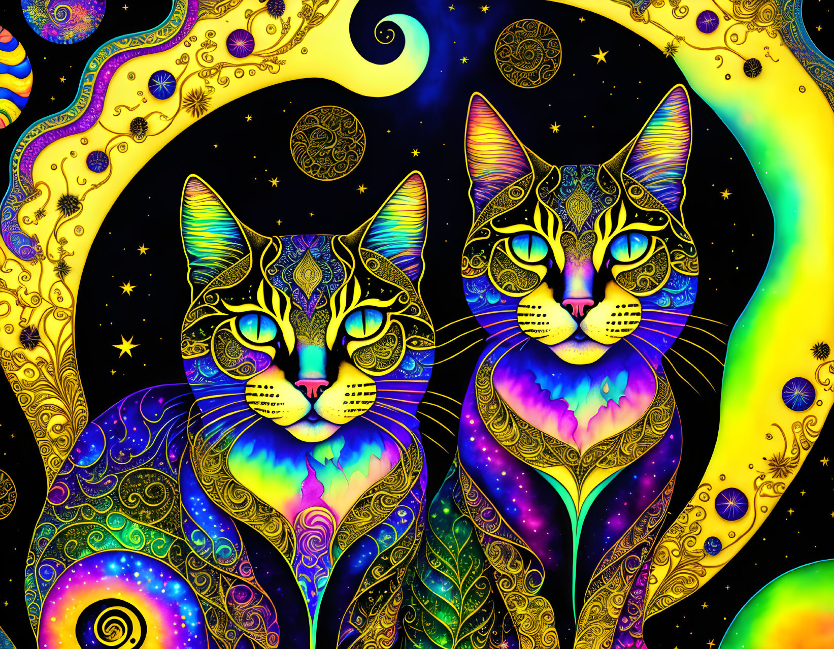 Colorful Psychedelic Art: Two Cats in Cosmic Setting