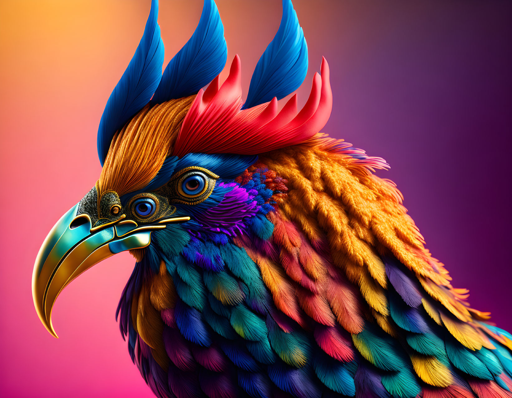 Colorful digital artwork: Fantastical bird with vibrant blue and red crest, golden beak,