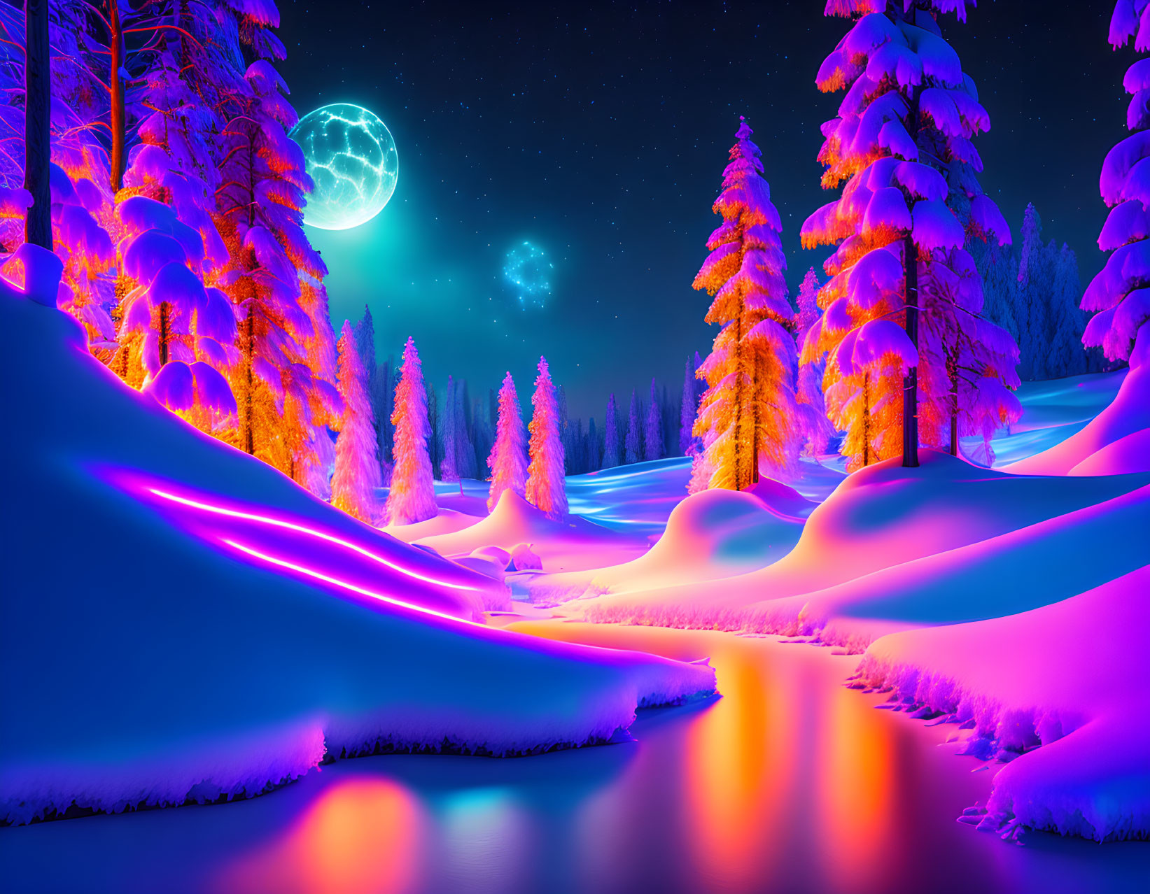 Neon Winter Night Scene with Snow-Covered Trees & River