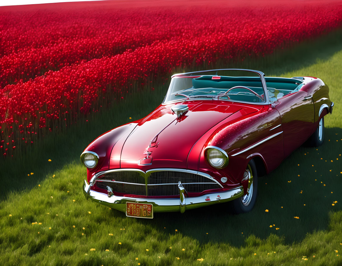 Vintage Red Convertible Car in Lush Green Field with Red Tulips and Yellow Flowers