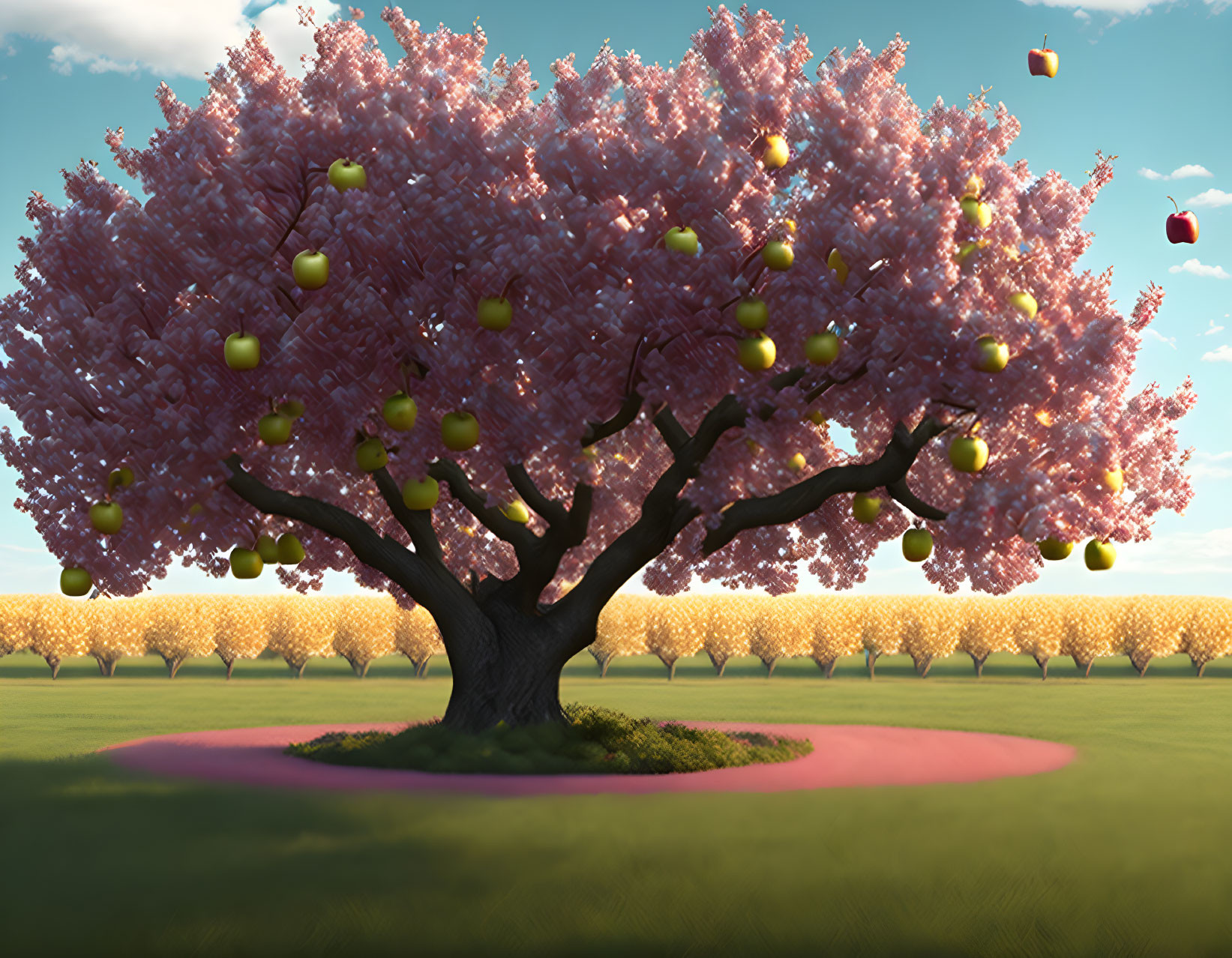 Cherry Blossom Tree with Falling Pink Petals and Green Apples