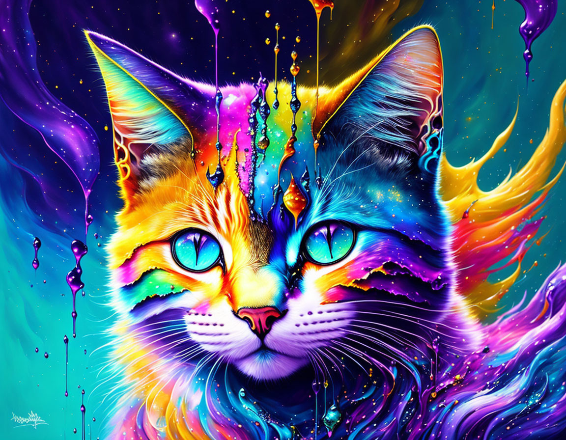 Colorful Cosmic Cat Artwork with Vibrant Hues and Mesmerizing Blue Eyes