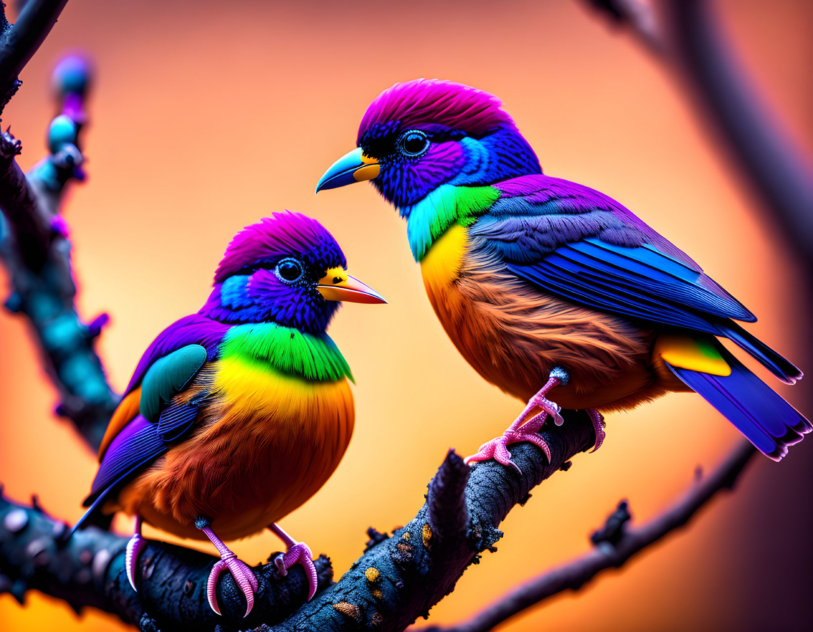 Colorful Birds Perched on Branch Against Gradient Background