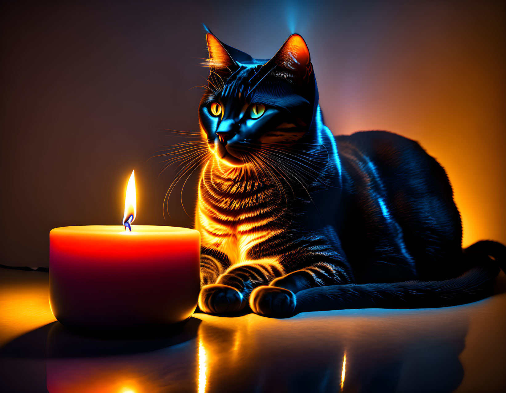 Black Cat with Striking Stripes Beside Lit Red Candle