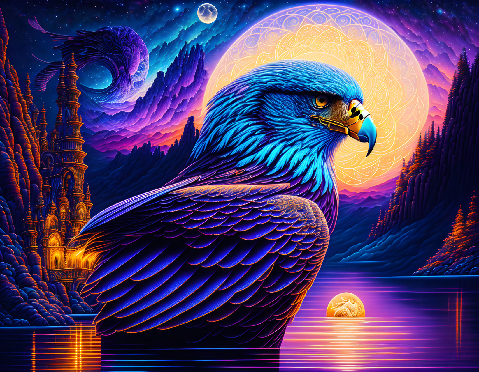 Detailed digital illustration of blue eagle in fantastical landscape