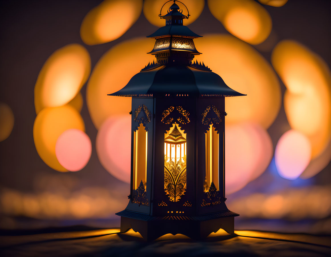 Intricate Cutout Lantern Illuminated, Warm Glowing Lights