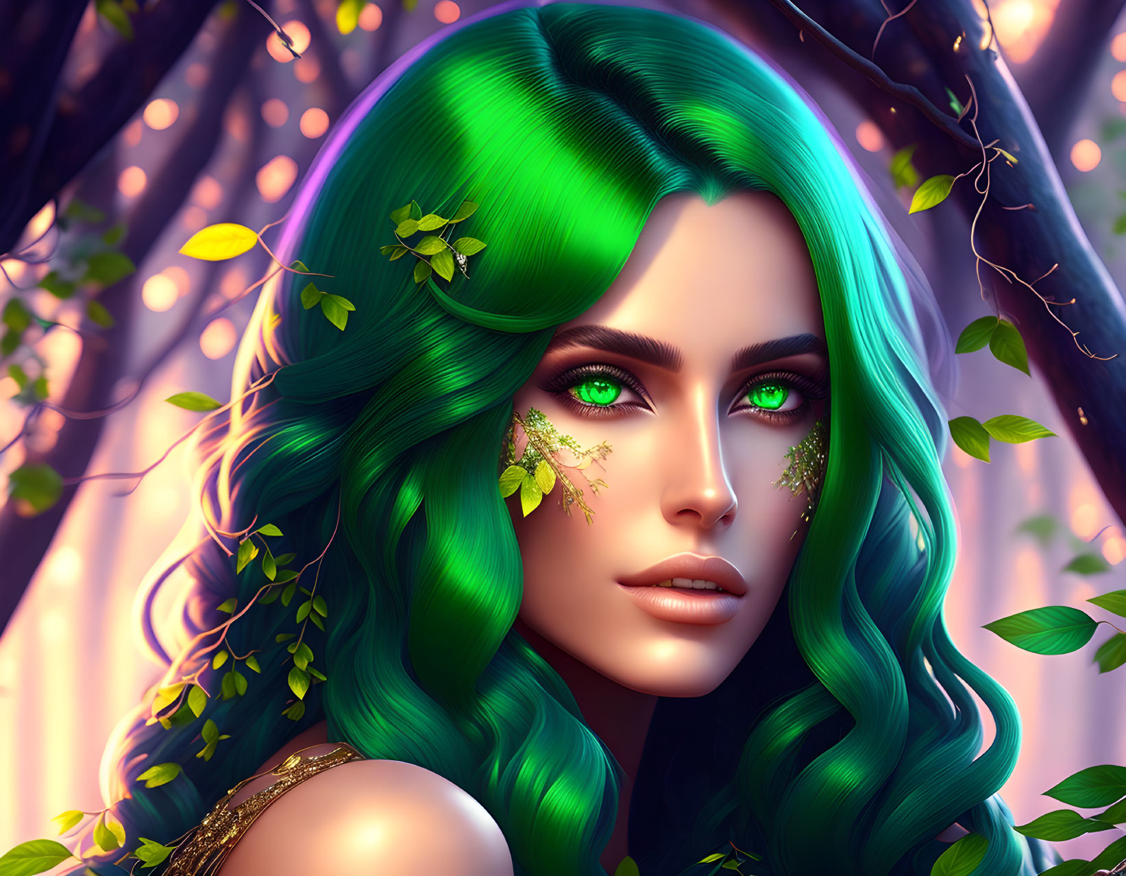 Vibrant green hair woman portrait with leaf-themed makeup in forest setting