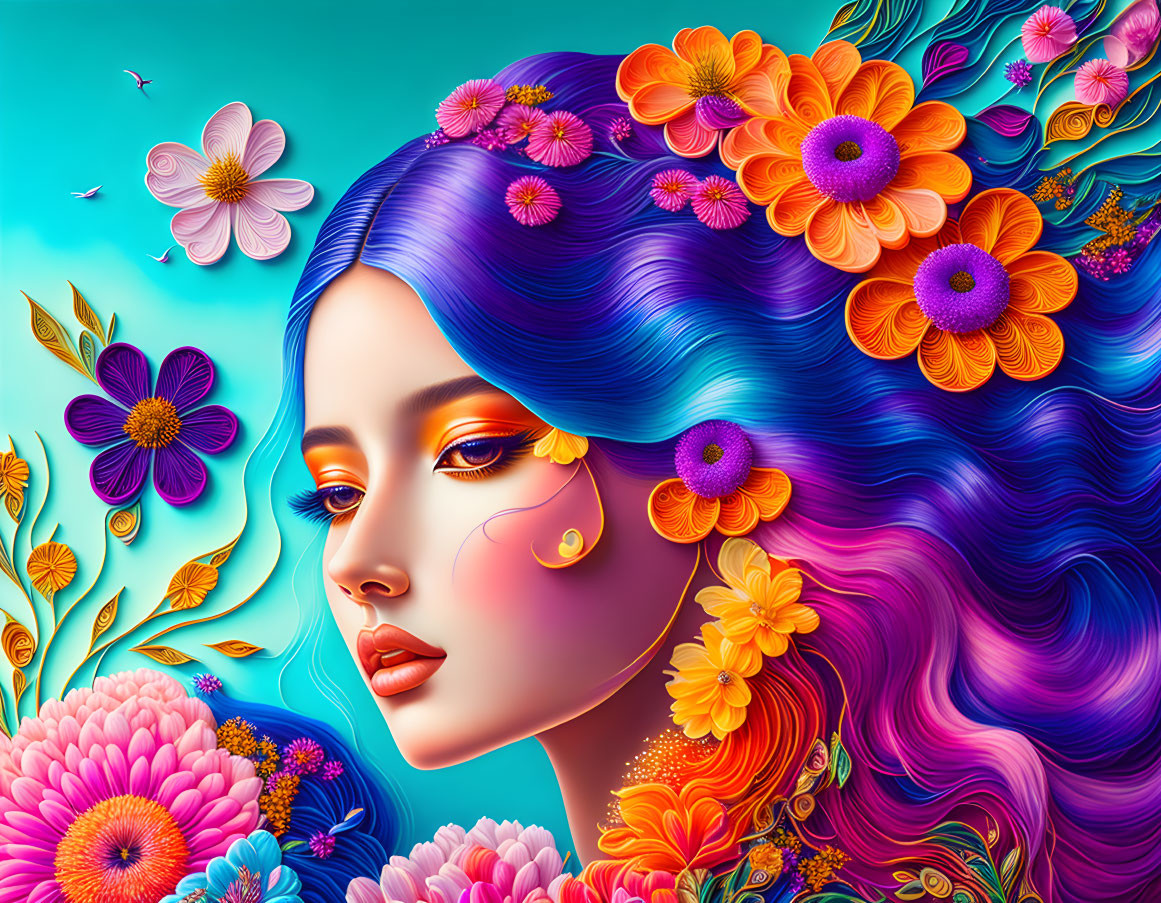 Colorful floral hair woman illustration on teal background with vibrant flowers and butterfly