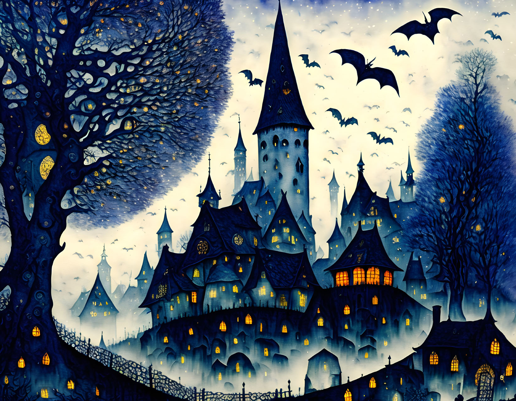 Whimsical gothic castle at night with bats and starry sky