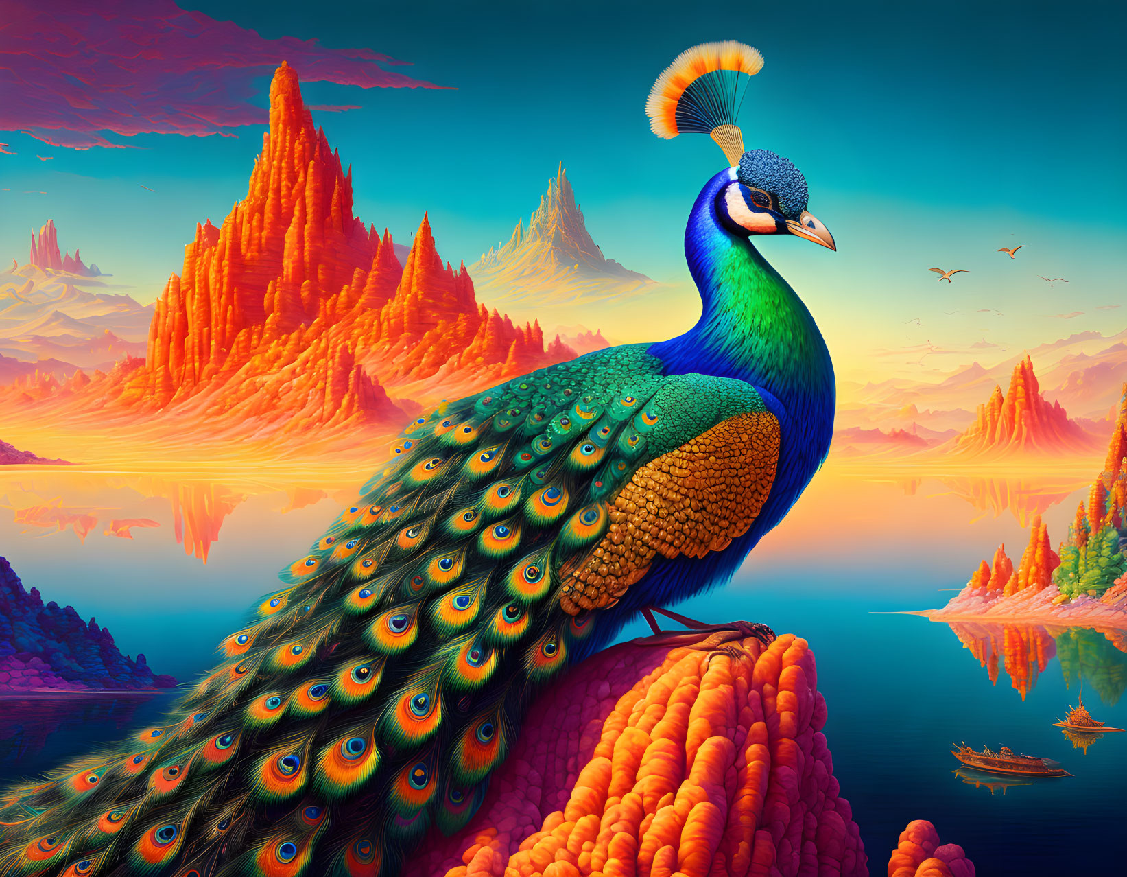 Colorful peacock on surreal landscape with orange spires and sunset sky