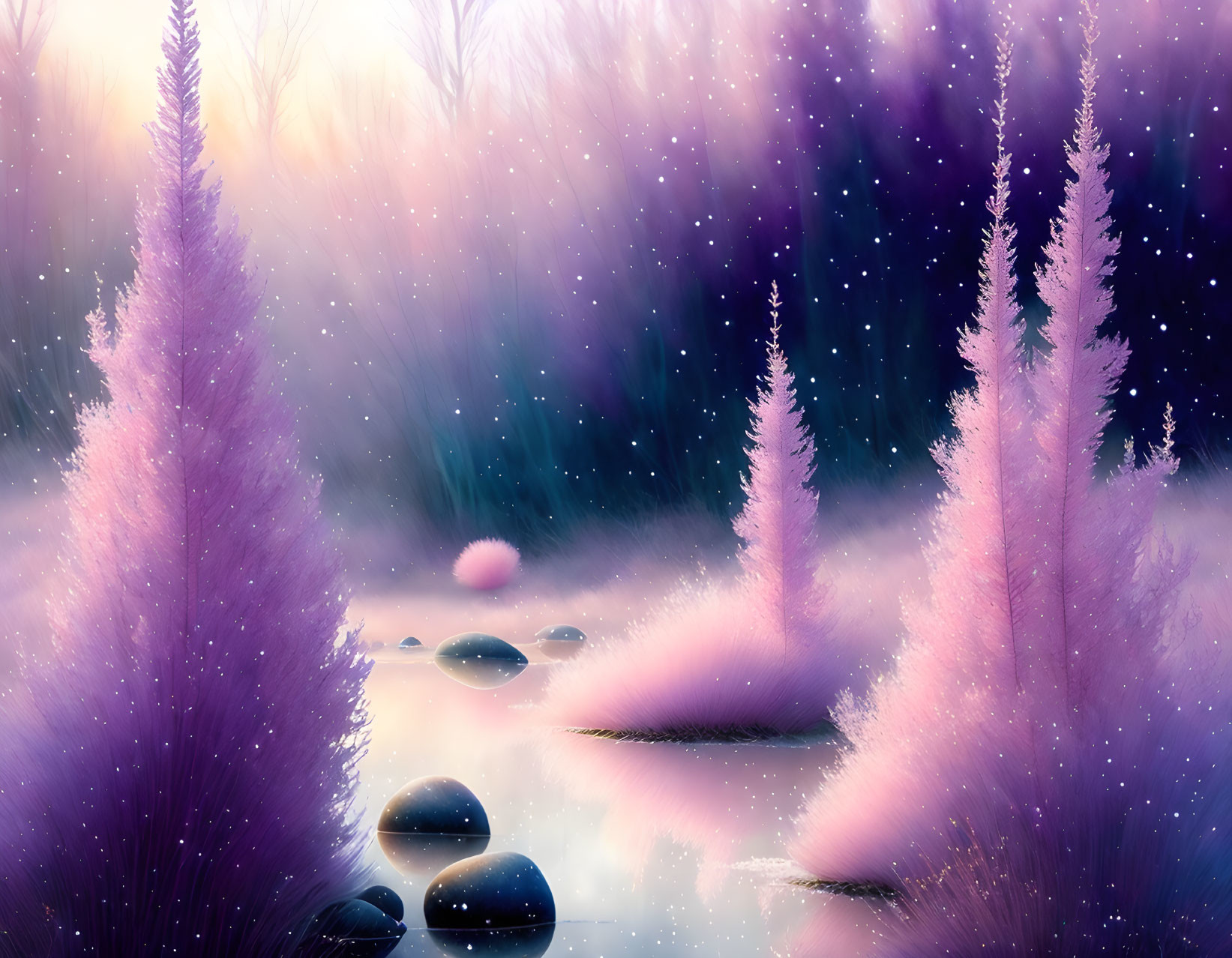 Mystical landscape: purple foliage, smooth stones, serene water stream under star-speckled pink