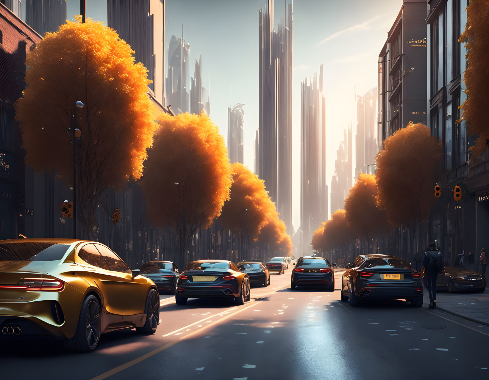 Futuristic city street with golden trees, sleek cars, and skyscrapers at sunset