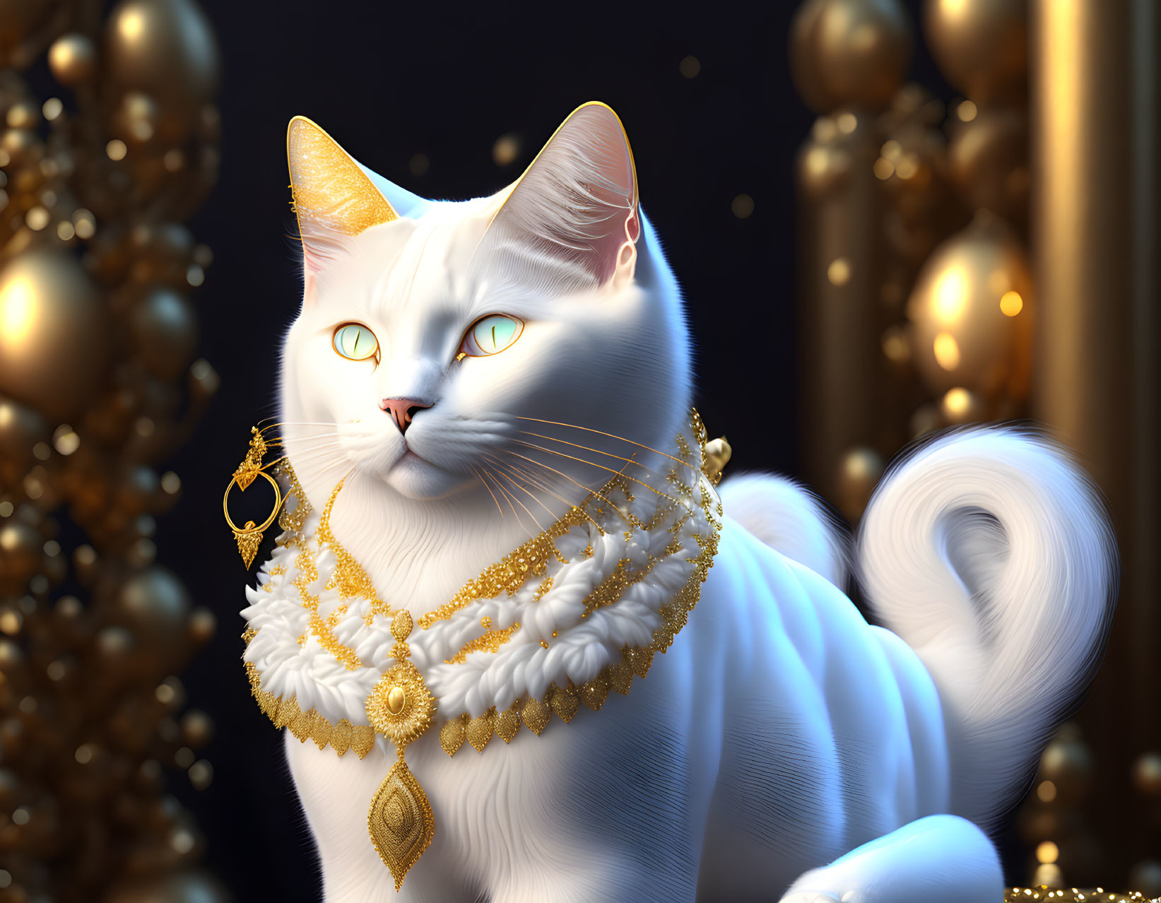 Luxurious White Cat with Gold Jewelry and Orbs