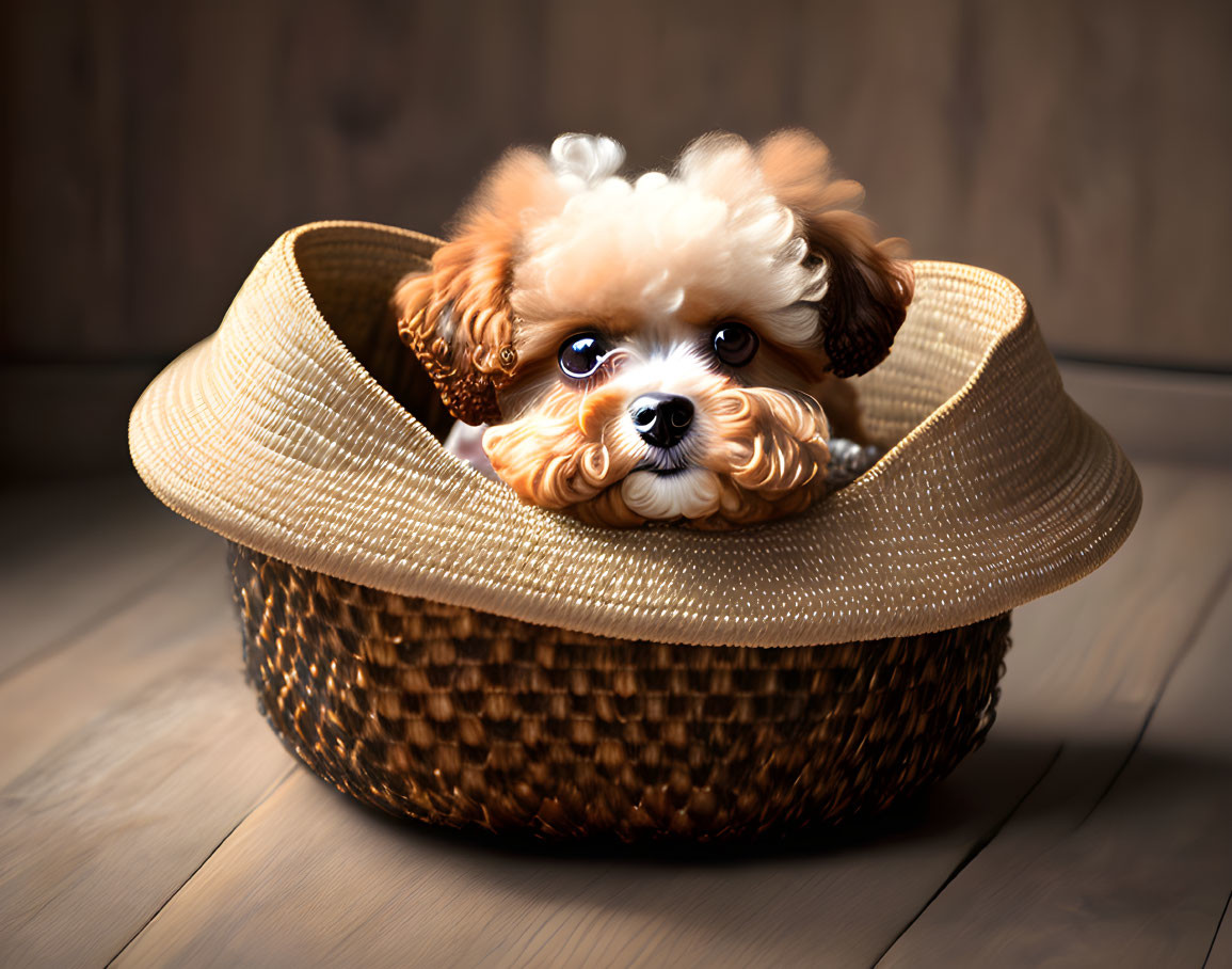 Fluffy Brown and White Puppy in Woven Straw Hat