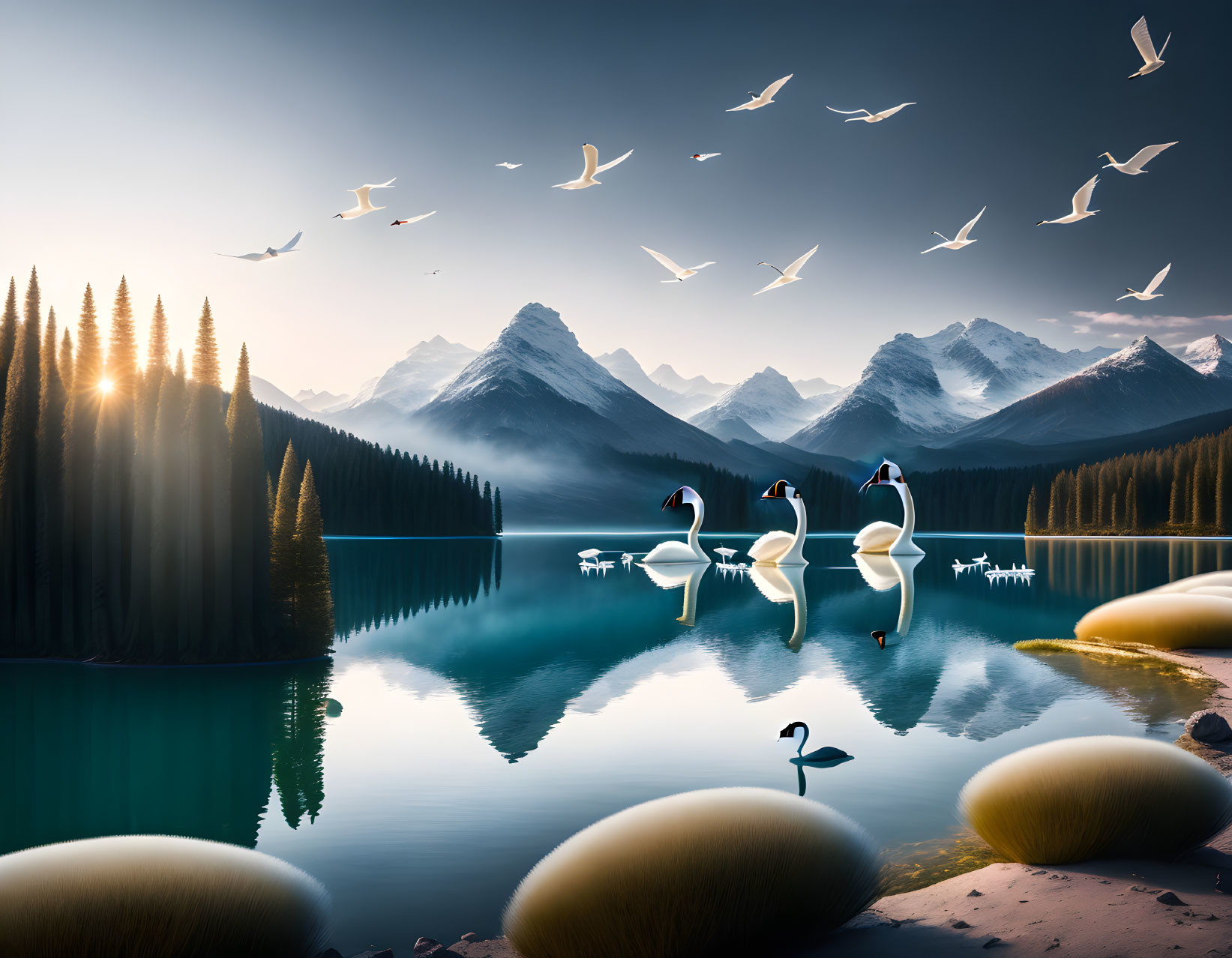 Tranquil sunrise scene: lake, mountains, swans, birds, pine trees, stones