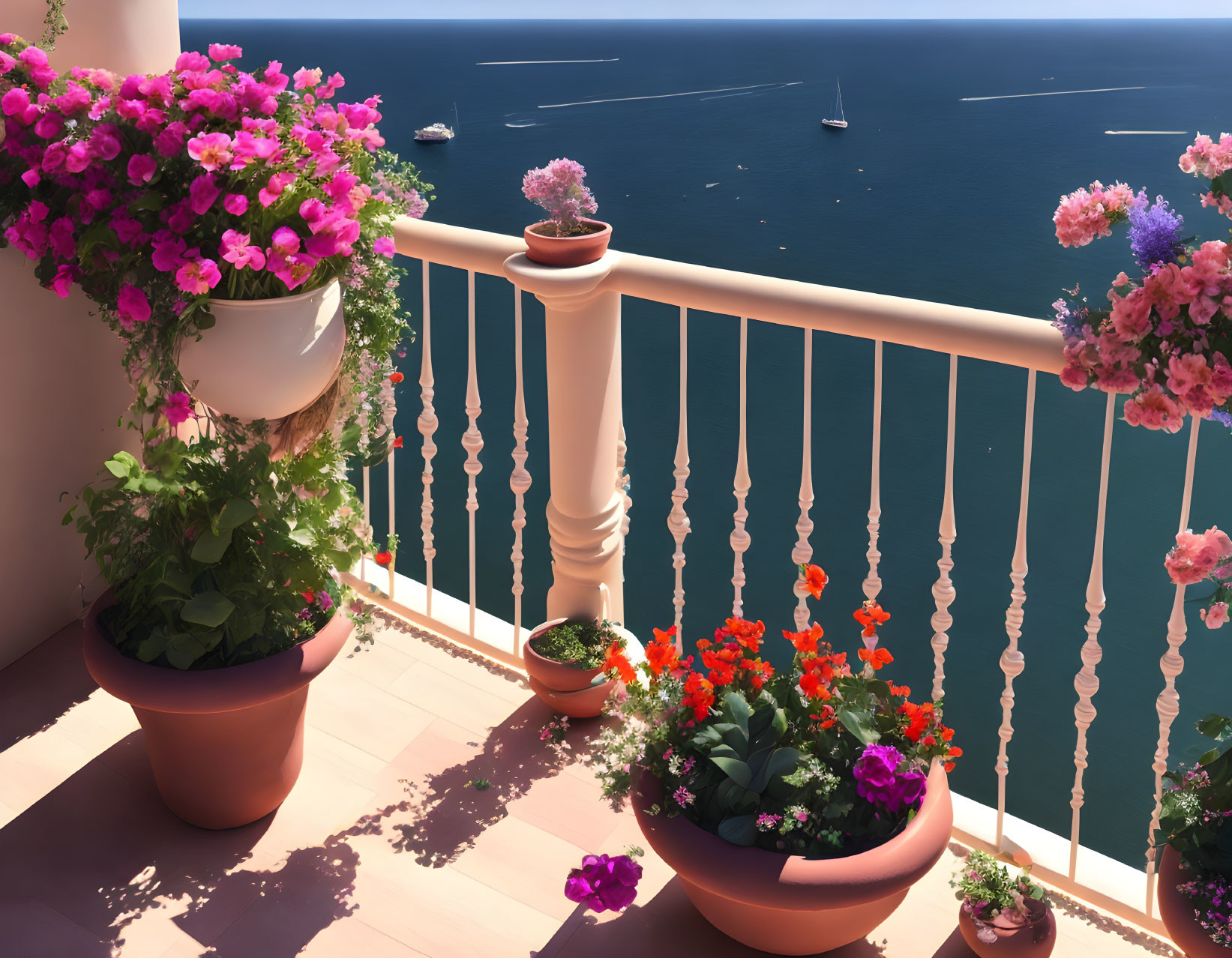 Colorful Flowers Balcony Overlooking Serene Blue Sea and Boats