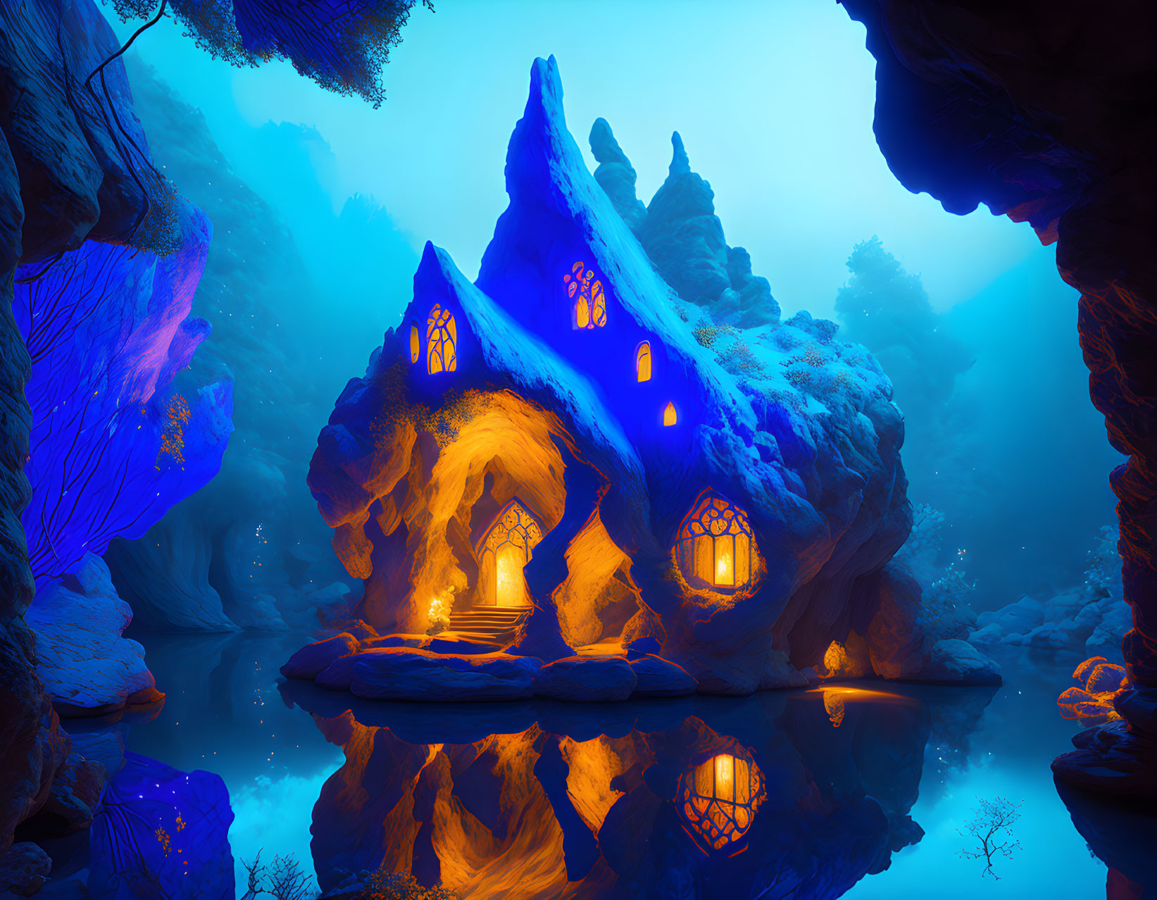 Glowing blue house in mystical cave with rock formations