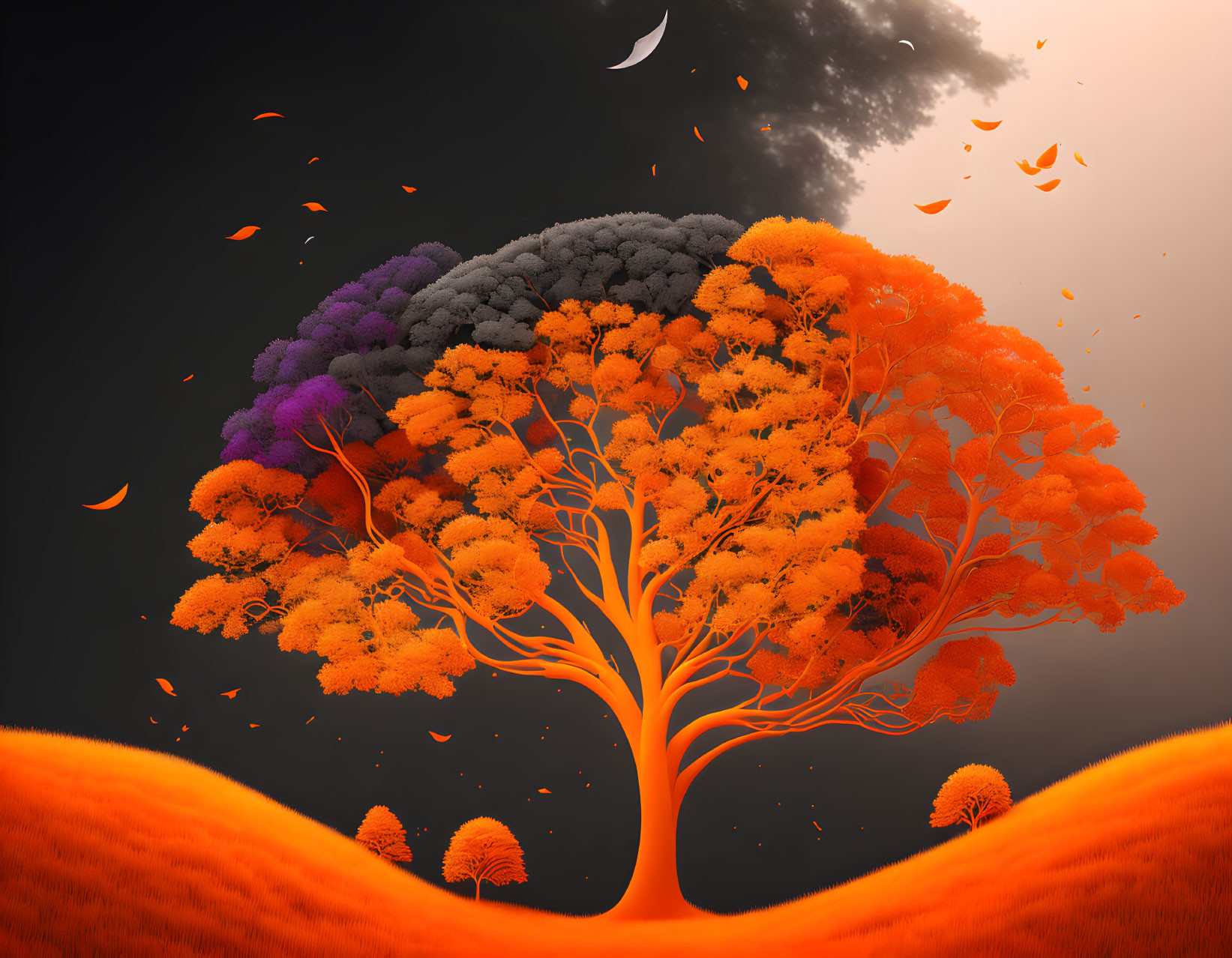 Colorful Orange and Purple Tree Under Crescent Moon