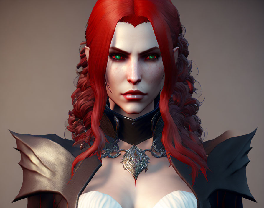 Fantasy female character 3D render with red hair, green eyes, pale skin, freck