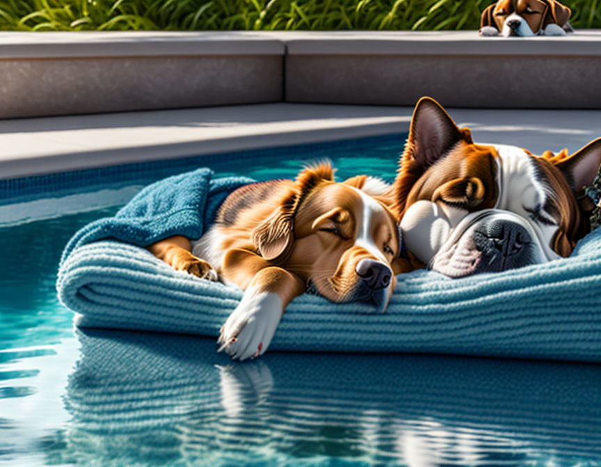 Two dogs on floating mat in pool, showing tranquility and companionship