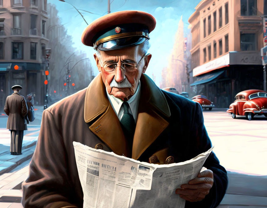 Elderly man in military-style cap reading newspaper on city street