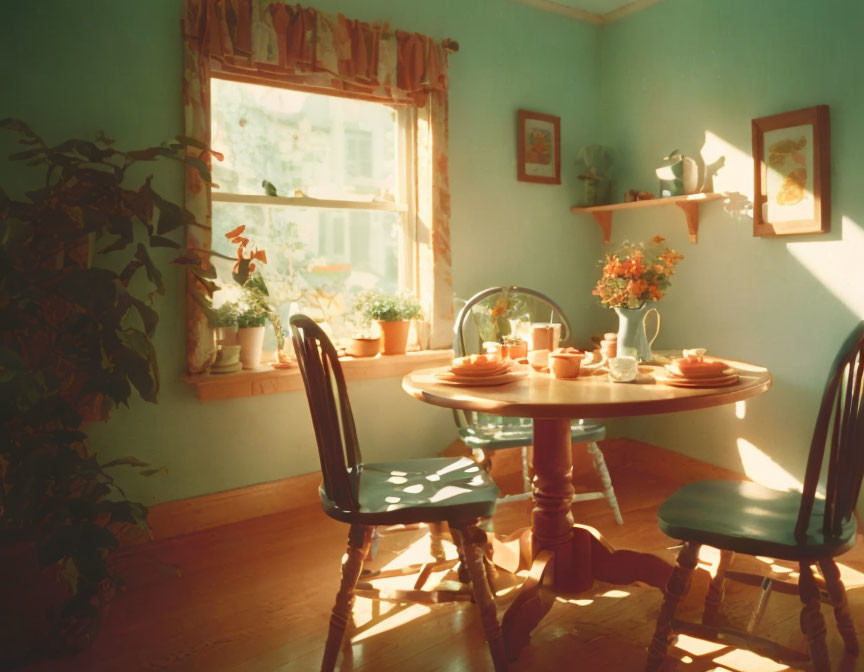 Cozy dining room with wooden table for two and plants in warm sunlight