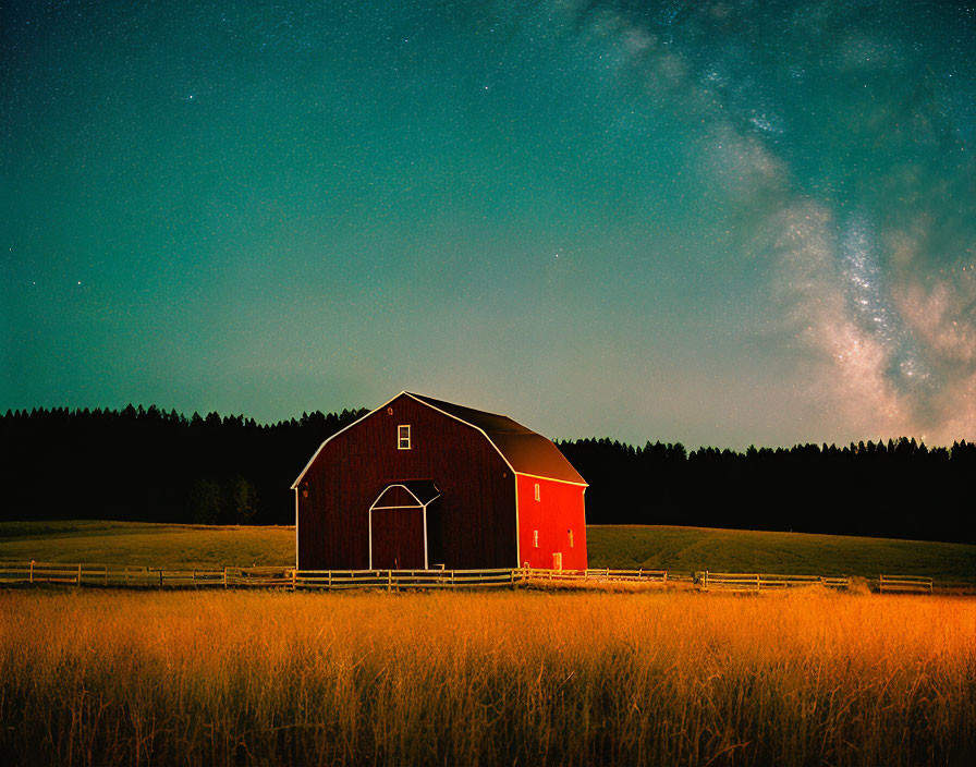 Scenic night sky with stars above red barn and forest