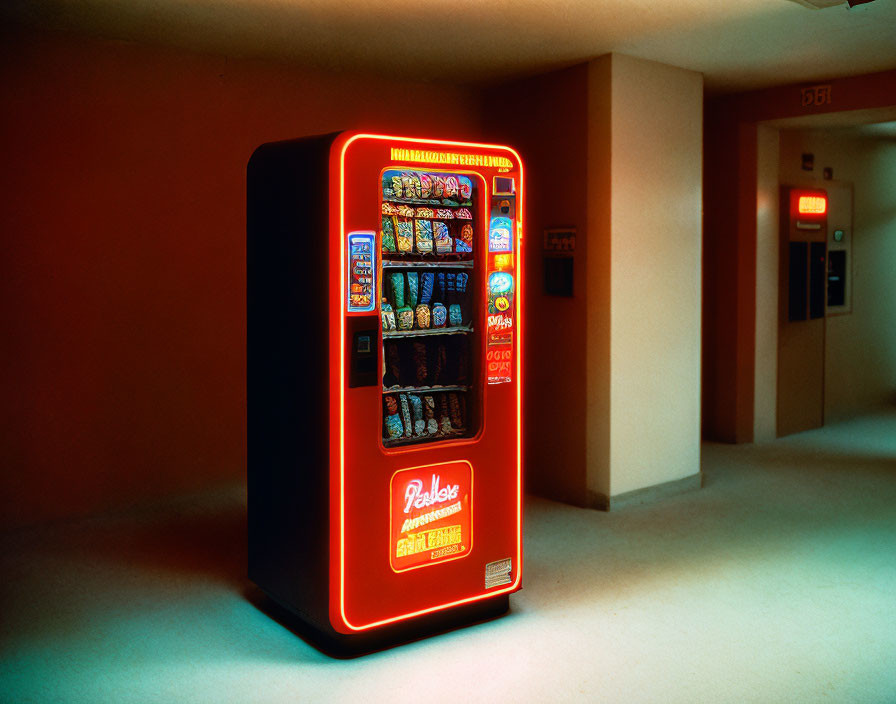 Brightly Lit Vending Machine in Dimly Lit Corridor