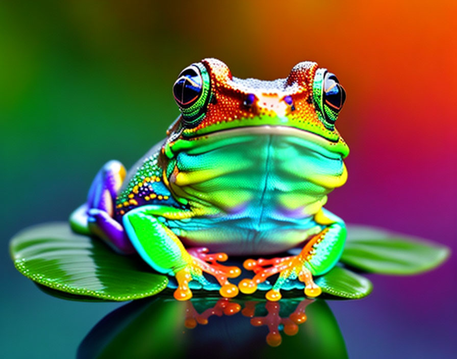 Vibrant iridescent frog on leaf with rainbow background