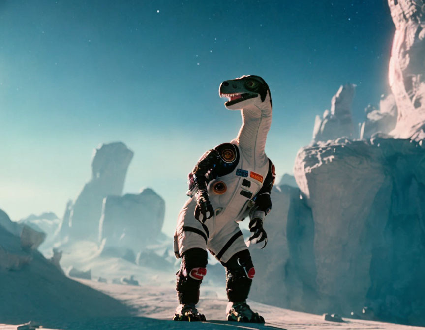 Velociraptor in space suit on alien landscape with boulders