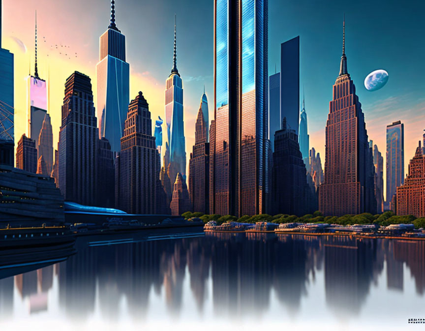 Futuristic cityscape with skyscrapers, glowing lights, and crescent moon