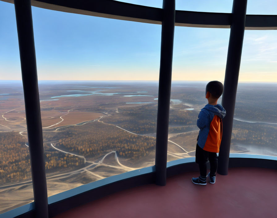 Child in Blue Jacket and Orange Backpack Observing Vast Landscape