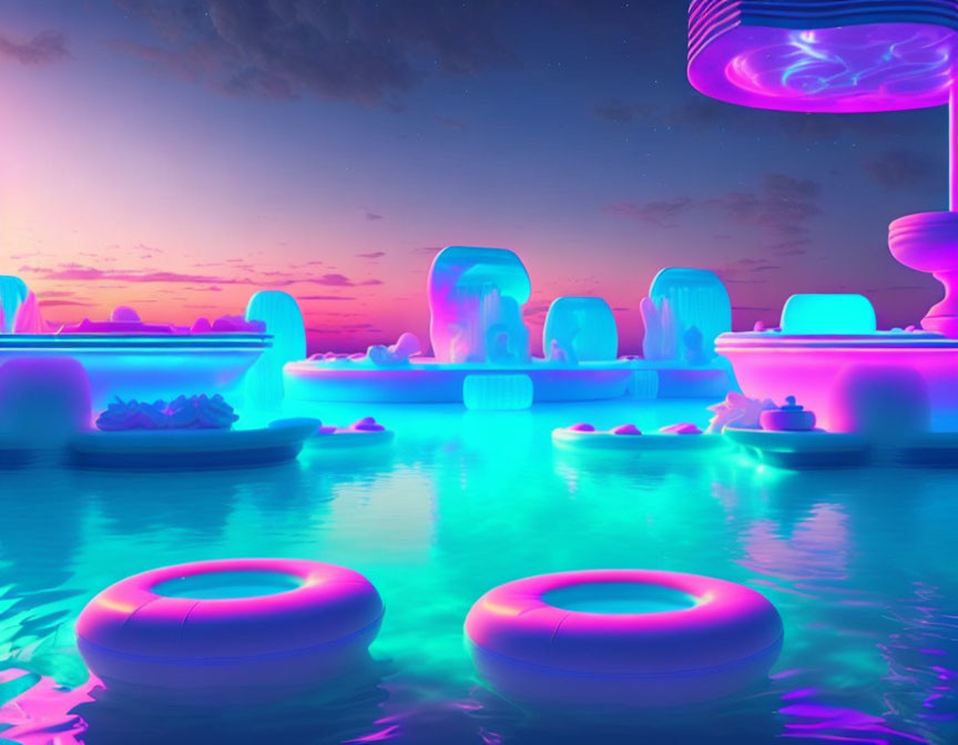 Neon-lit poolscape with floating rings and surreal skies