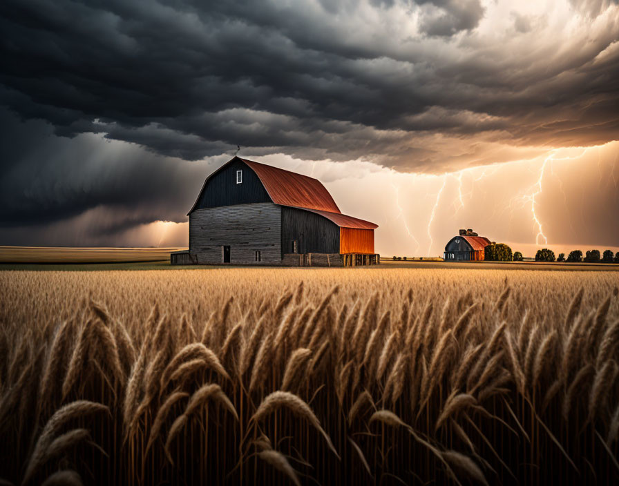 Stormy Sky Over Rural Wheat Field and Barn