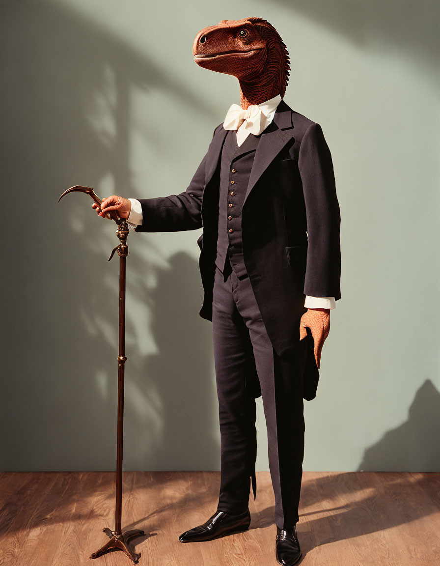 Velociraptor-headed person in formal suit with cane against shadow backdrop