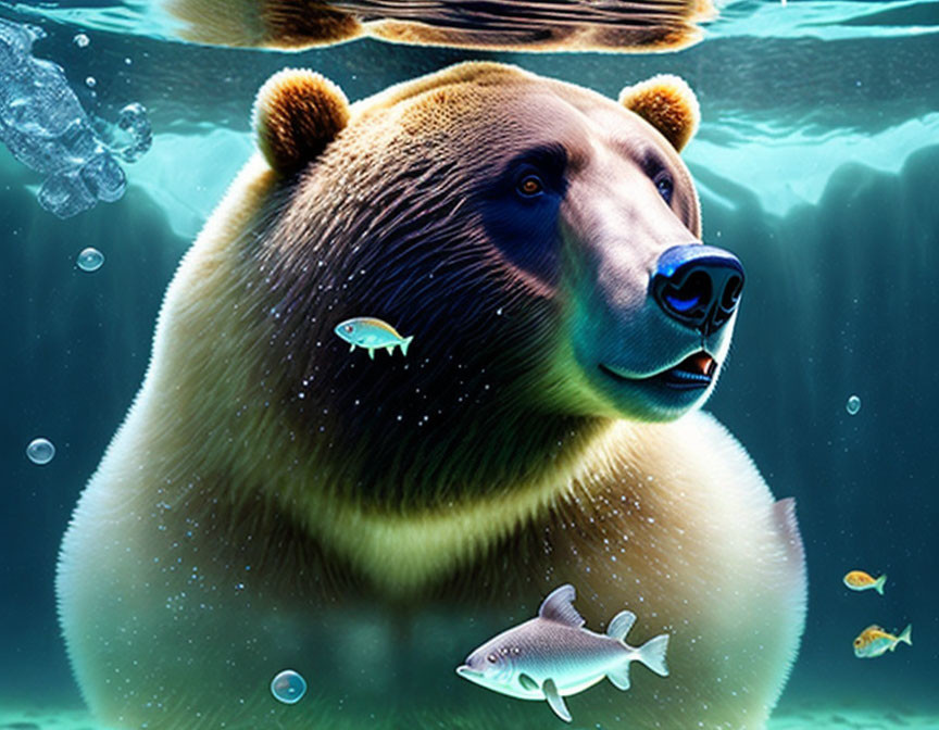 Bear's head underwater surrounded by fish and bubbles.