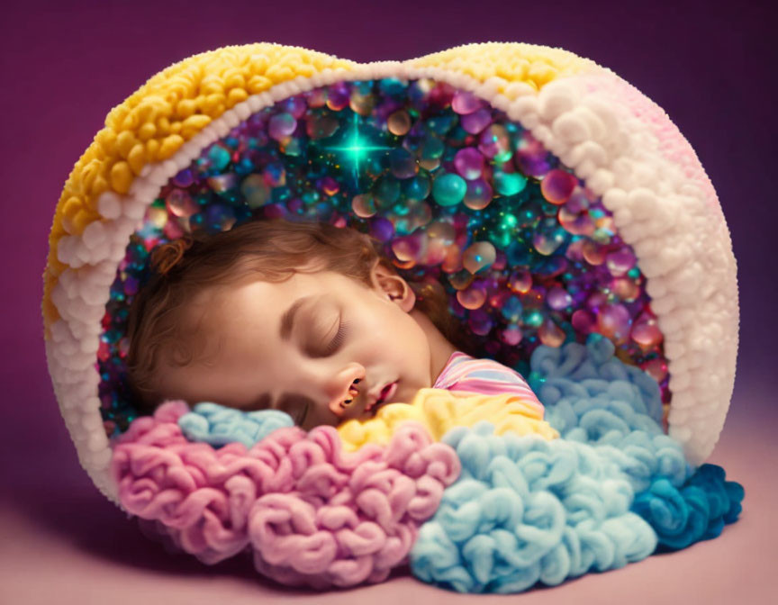 Child Sleeping in Colorful Bubble-Filled Cocoon