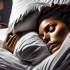 Curly-Haired Woman Sleeping Peacefully in White Bed