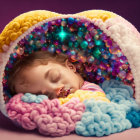 Child Sleeping in Colorful Bubble-Filled Cocoon