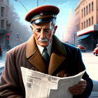 Elderly man in military-style cap reading newspaper on city street