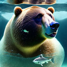 Bear's head underwater surrounded by fish and bubbles.