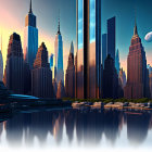 Futuristic cityscape with skyscrapers, glowing lights, and crescent moon