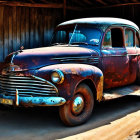 Rusted vintage blue car with orange spots in wooden shed