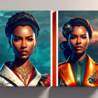 Stylized portraits of a woman in futuristic attire on canvas