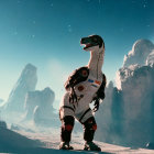 Velociraptor in space suit on alien landscape with boulders