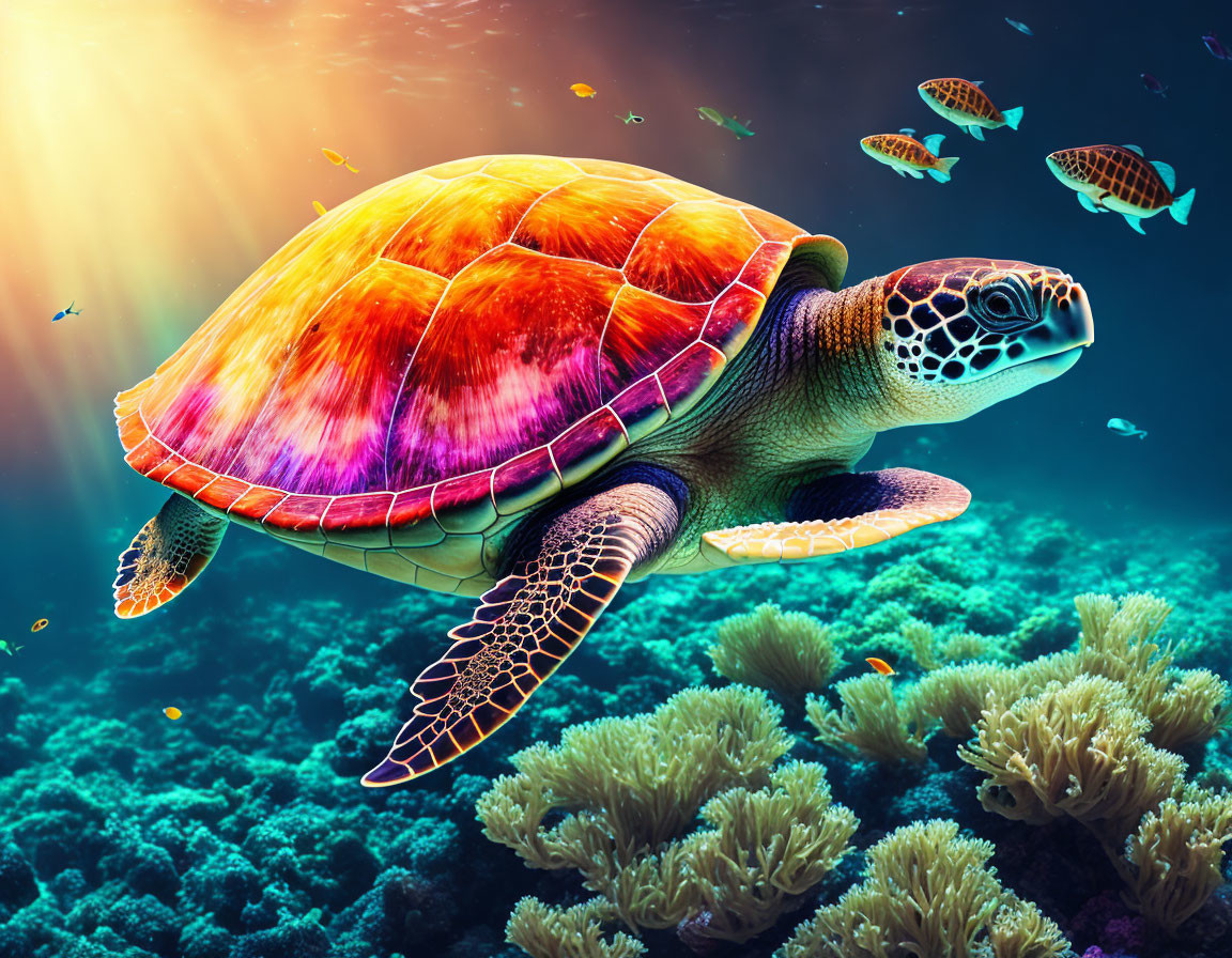 Colorful Sea Turtle Swimming in Coral Reef with Small Fish