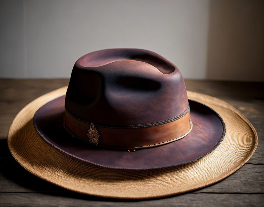 Detailed leather cowboy hat with emblem on wooden surface