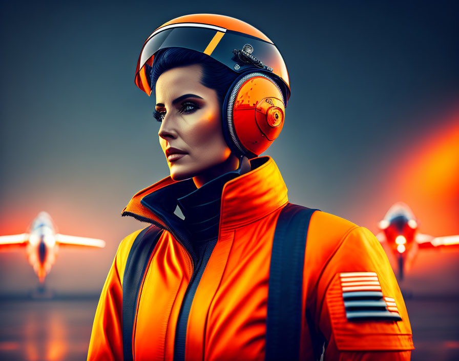 Futuristic woman in orange space suit with jet aircraft and fiery backdrop