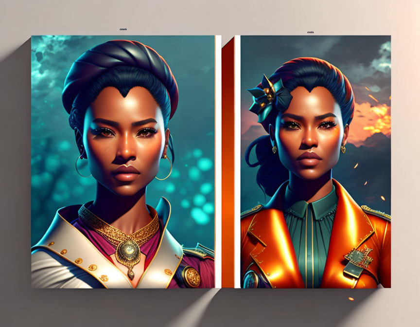 Stylized portraits of a woman in futuristic attire on canvas